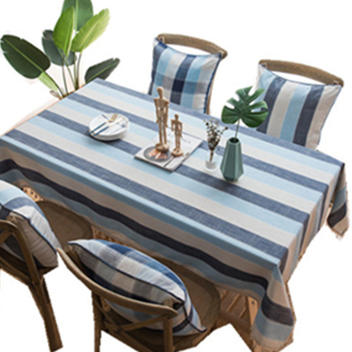 Waterproof Tablecloth Mediterranean Style Blue Striped Tassel - Designrific