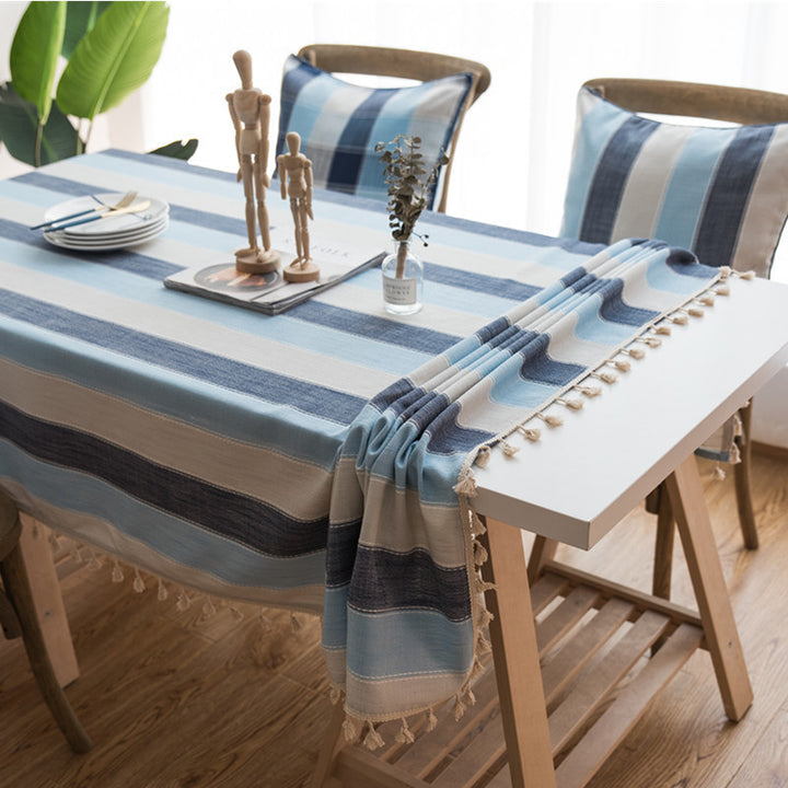 Waterproof Tablecloth Mediterranean Style Blue Striped Tassel - Designrific