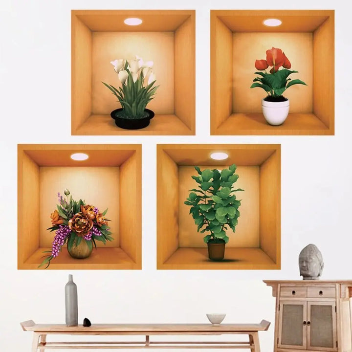 PVC Creative Green Plant Simulate 3D Wallpapers Self Adhesive Simple Plant Potted Wall Stickers Living Room Decorations