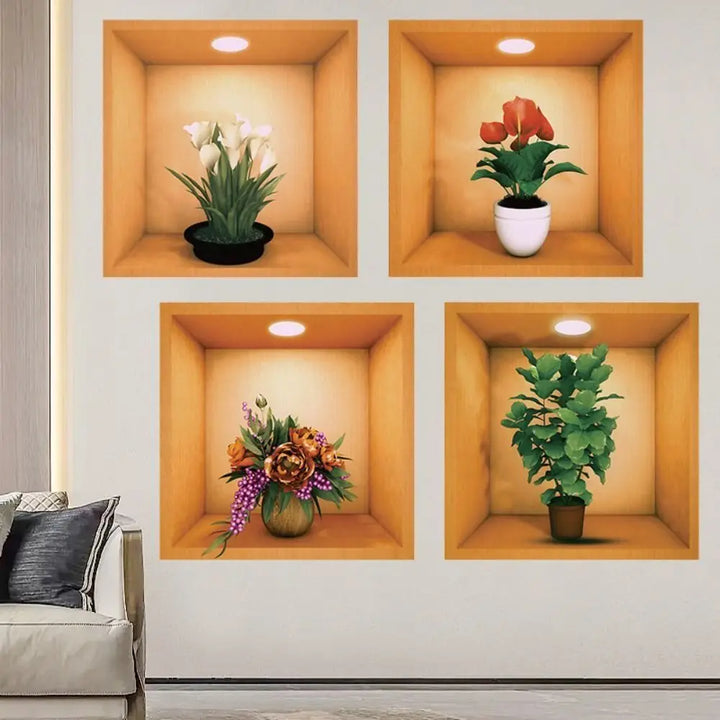 PVC Creative Green Plant Simulate 3D Wallpapers Self Adhesive Simple Plant Potted Wall Stickers Living Room Decorations