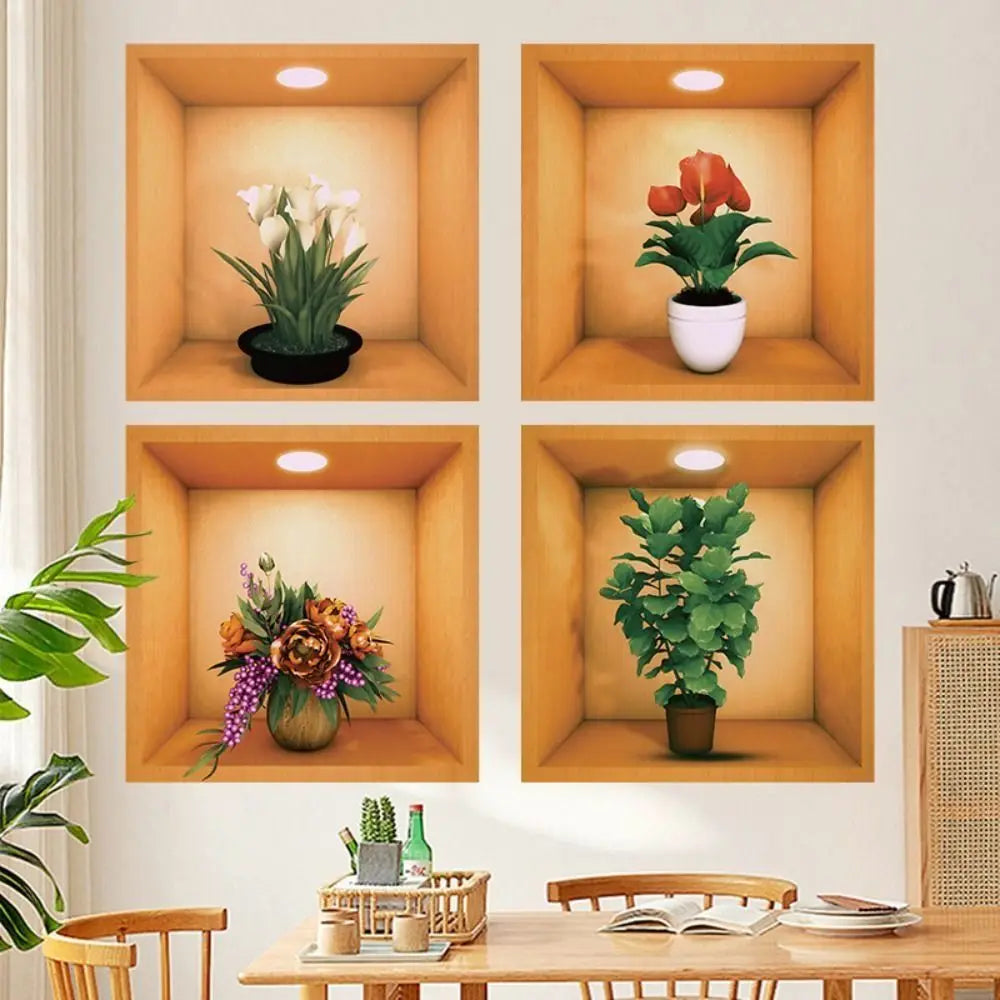 PVC Creative Green Plant Simulate 3D Wallpapers Self Adhesive Simple Plant Potted Wall Stickers Living Room Decorations